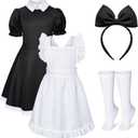 Irtysh Girl Blue Dress White Apron Halloween Cosplay Costume With Bow Hair Band Stockings Set (Black)