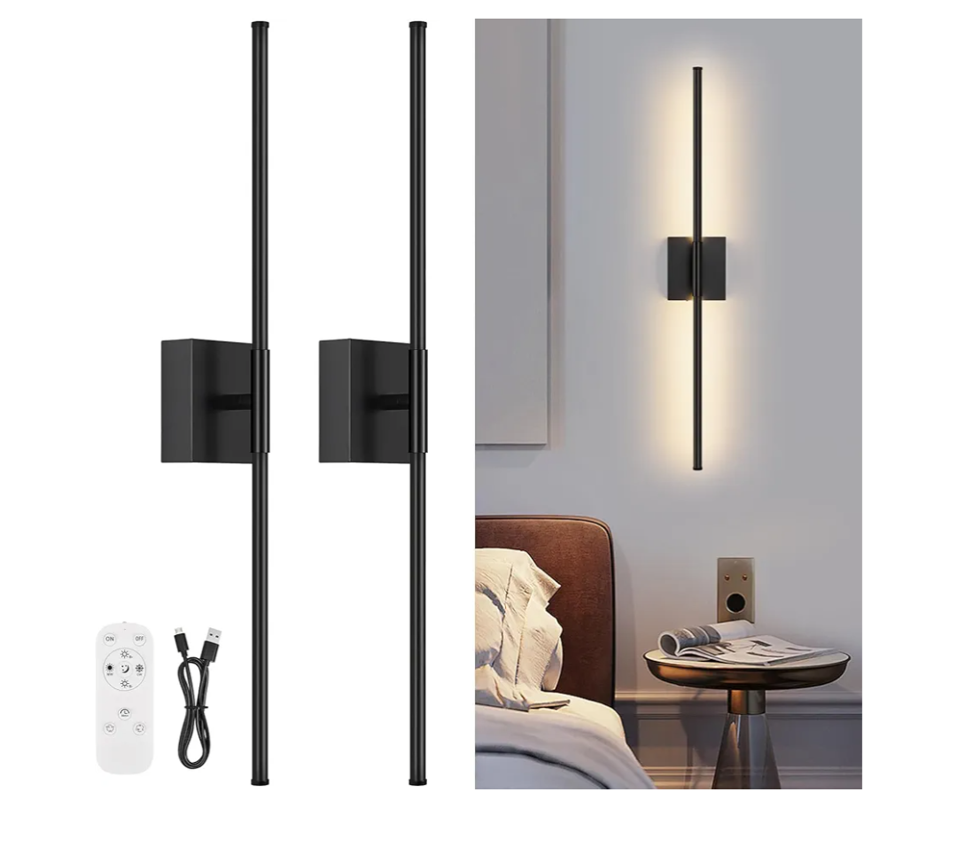 Battery Operated Wall Sconce Set of Two with Remote Control, 3000K-6000K Dimmable Black Wall Lights, Timable LED Wireless Wall Sconces, 350° Rotate for Bathroom, Living Room, Hallway 29.1 Inch
