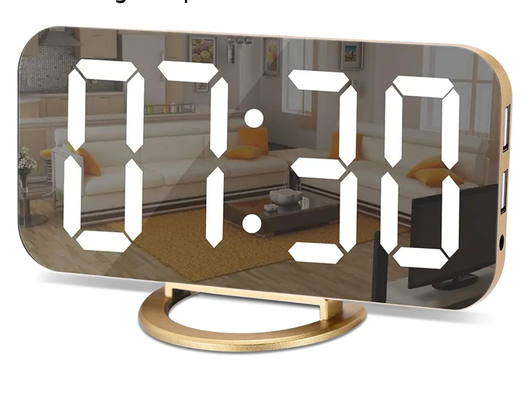 SZELAM Digital Alarm Clock,LED and Mirror Desk Clock Large Display,with Dual USB Charger Ports,3 Levels Brightness,12/24H,Modern Electronic Clock for Bedroom Home Living Room Office - Gold