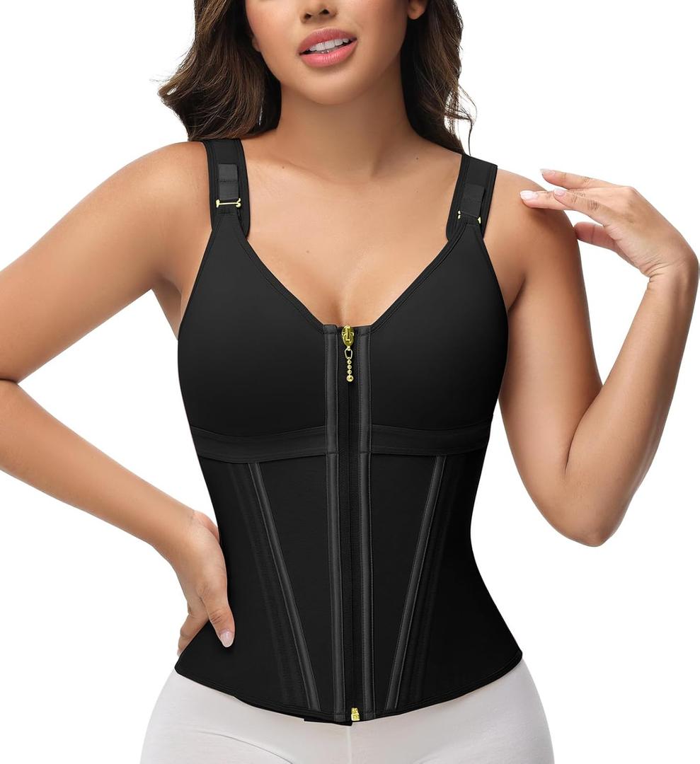 SHAPSHE Waist Trainer Corset for Women Tummy Control Sport Workout Body Shaper Vest for Women Postpartum Gym Zipper and Hooks (X-Large, Black)