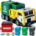 JOYIN Large Friction Powered Garbage Truck Toy Set, Includes Dumpster, Trash Bins, and Learning Cards for Kids (Green)
