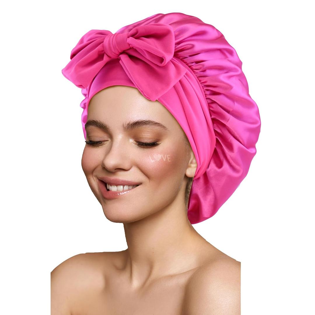 Satin Silk Hair Bonnet for Sleeping Large Bonnets with Tie Band Wrap with Adjustable Straps Night Sleep Caps for Women Curly Braid Hair Hot Pink