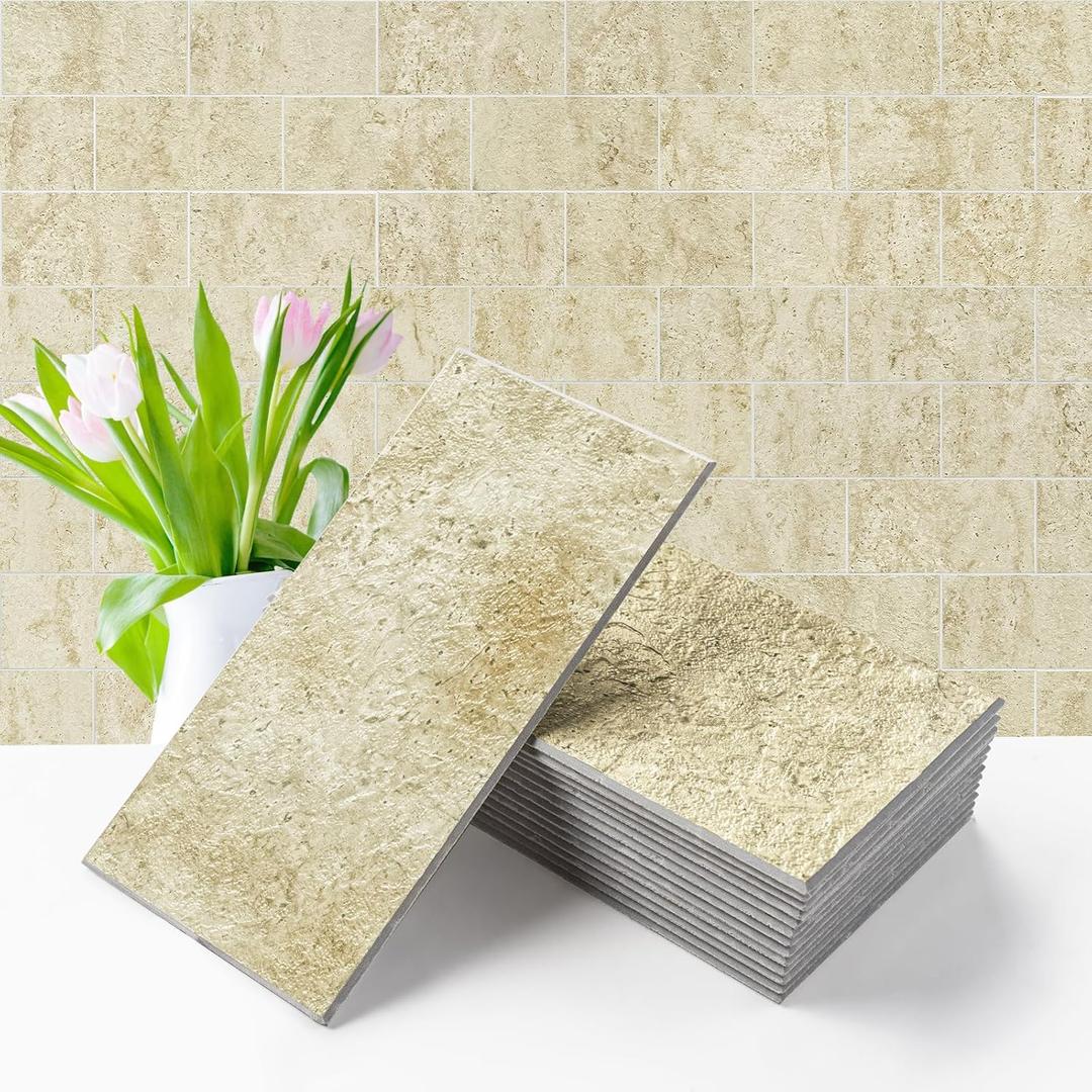 Vamos Tile 100-Piece Peel and Stick Backsplash Seamless Tile,3''x6'' Textured Beige Travertine with White Grout PVC Subway Tile,Stick on Backsplash for Kitchen/Bathroom/Laundry Room