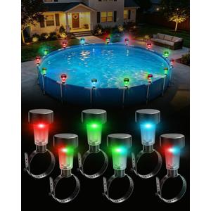 Lustaled 6 Pack Solar Pool Lights for Framed Above Ground Pools, 7 Color Changing Solar Pool Lights, Waterproof Swimming Pool LED Frame Lights with Adjustable Strap, Yard Patio Feature Enclosure Decor, φ55.0 × 91.0 mm
