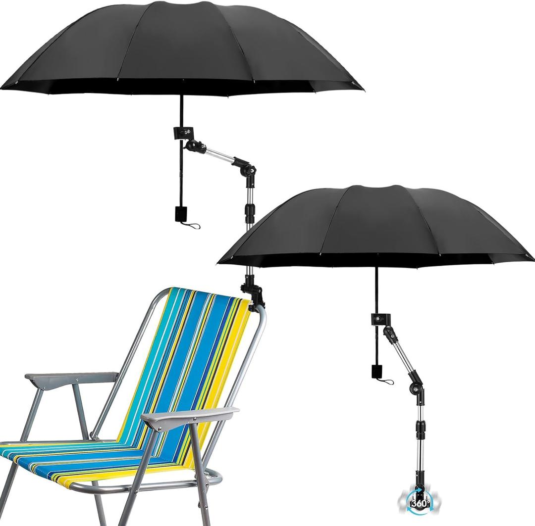 2 Pcs Beach Chair Umbrella with Clamp 49.2" 360 Adjustable Golf Umbrella with Clip and Retractable Stand Sun Shade for Camping Outdoor Travel Patio Wheelchair Golf Cart Stroller (Black)