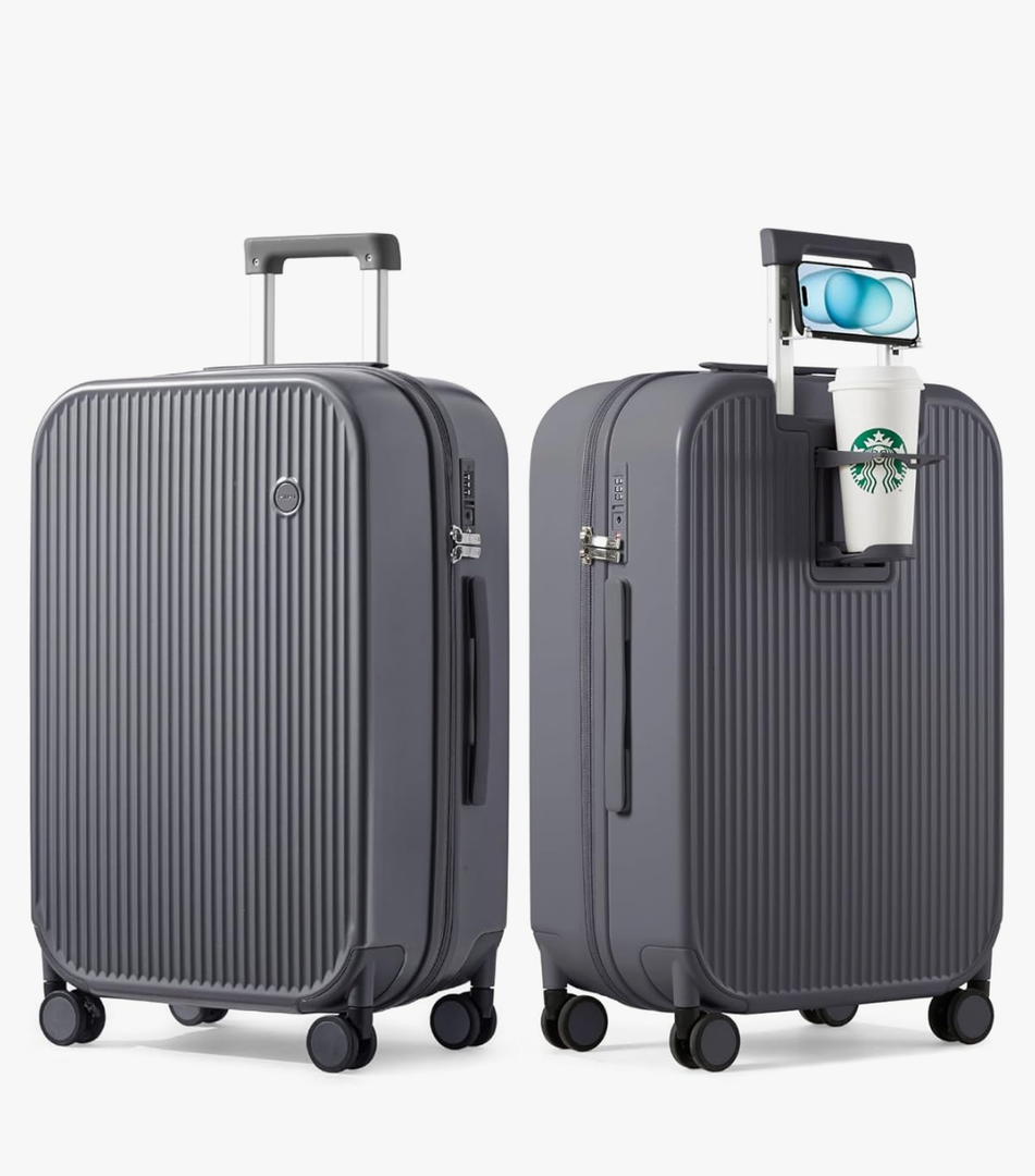mixi Checked Luggage with Cup Phone Holder Hard Shell Rolling Travel Suitcase with Spinner Wheels,26 Inch Rock Grey
