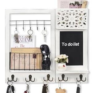 Dhmkfly Key Holder Wall Mount, Mail Organizer with 10 Hooks and Shelf, Wall Decorative Key Rack with Chalkboard for Entryway Hallway Bedroom Farmhouse Dog Leash Home Decor