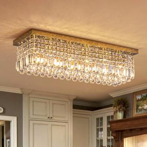 7PM Modern Rectangular Chandelier, Gold, L31.5' x W10' x H10', 6 Lights, Dimmable, Kitchen, Dining Room, Living Room