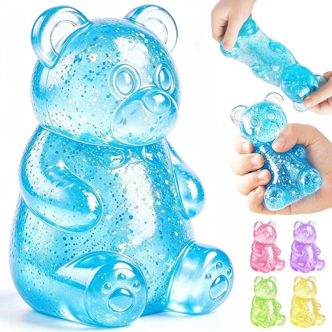 4 x Glitter Bear Squishy Toy, Bear Stress Balls, Squeeze Toys for Kids Adults, Anxiety Relief Sensory Toys Party for Favors Birthday Gifts(A-Blue)