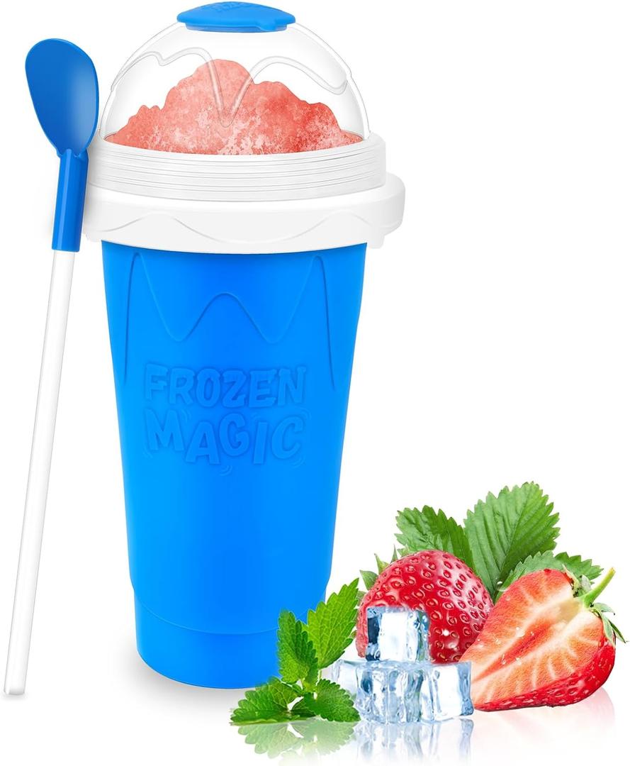 Frozen Magic Slushy Maker Cup - Slushie Cup for Making Various Milkshakes and Ice Creams,Double-Layer Squeeze Reusable Smoothie Cup - Great Gifts for Family and Friends (Blue)