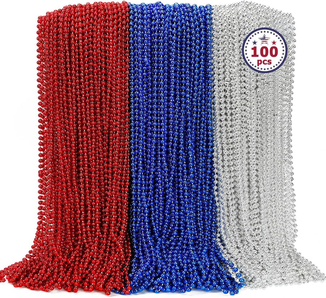 100PCS 4th of July Accessories, Independence Day Beads Necklace Bulk, Fourth of July Red Blue Silver Necklace Party Favors, Beads for Patriotic Parade Party Celebration Favors Decorations