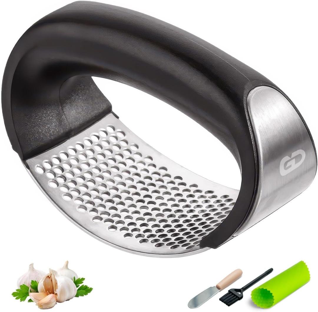 Garlic press rocker, crusher, mincer tool stainless steel with a Garlic Peeler, spatula, and Brush extract more Garlic Paste. The Garlic Mincer Tool Squeezes, Extracts, Crushes