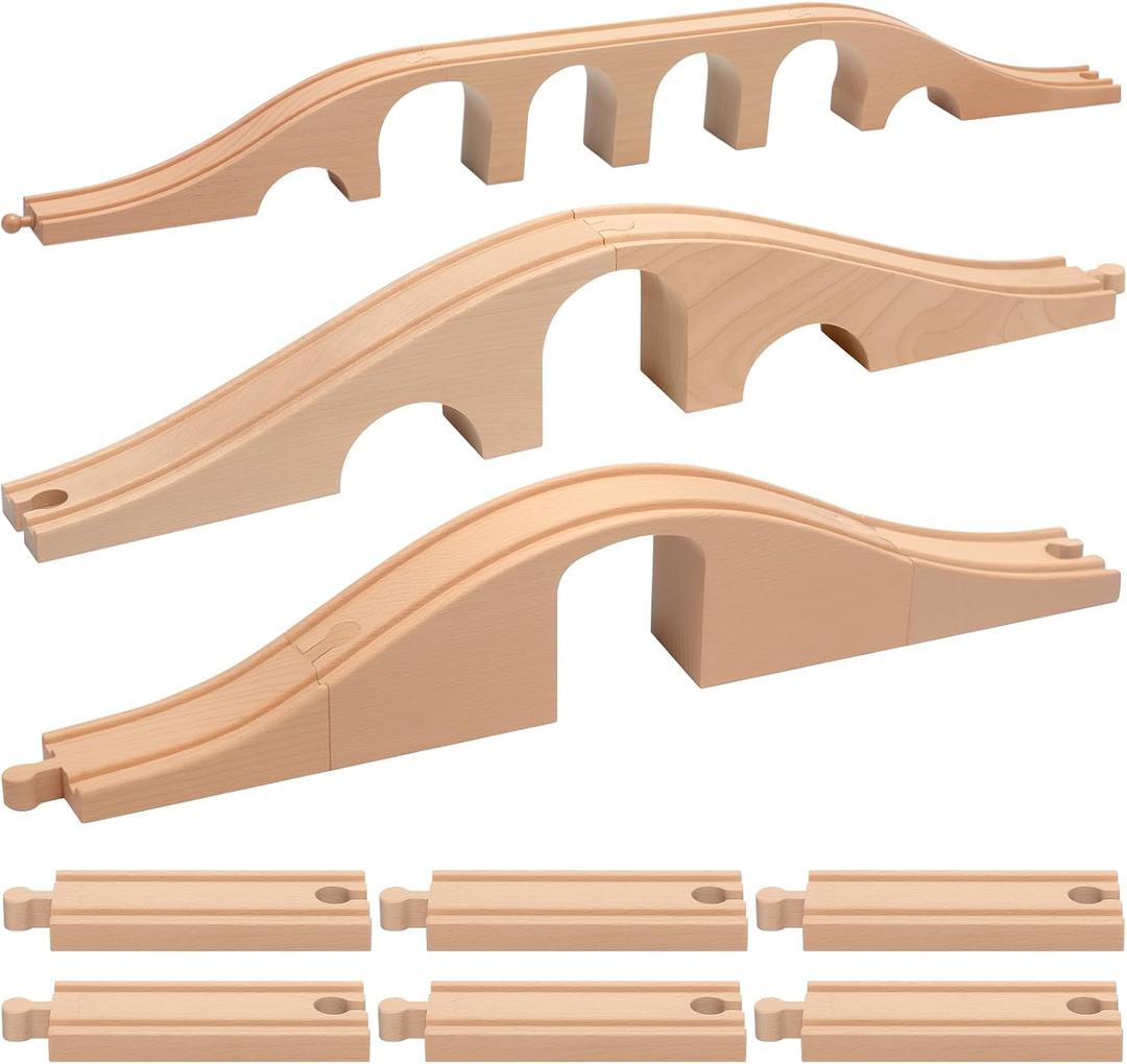 9 Pcs Wood Train Track Expansion Set 6 Arches Viaduct Bridge Train Bridges Railway Track Connectors Compatible Accessories with Railroad for Most Major Toy Railway