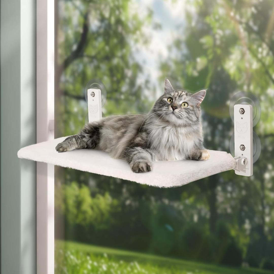 keny Cordless Cat Window Perch, Foldable Cat Hammock with 4 Suction Cups, Reversible Washable Cover, Large Size Cat Window Bed, White