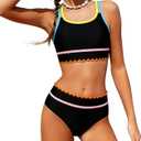 Girls Bathing Suit Color-Block Adjustable Criss Cross Strap Sporty Swimsuits for 9-16 Years Bikini Set with Chest Pad