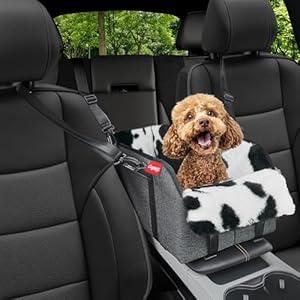 BurgeonNest Center Console Small Dog Car Seat - Portable Pet Cat Puppy Booster Armrest Carseat Up to 11lbs, Anti-Collapse Comfort Car Travel with Washable Fluffy Cushion and Pillow, Milk Cow