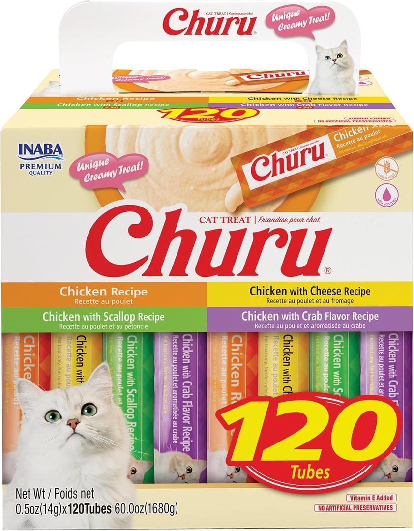 INABA Churu Cat Treats, Lickable, Squeezable Creamy Pure with Vitamin E, 0.5 Ounces per Tube, 120 Tubes Total, Chicken Variety (EXP 02/10/28)