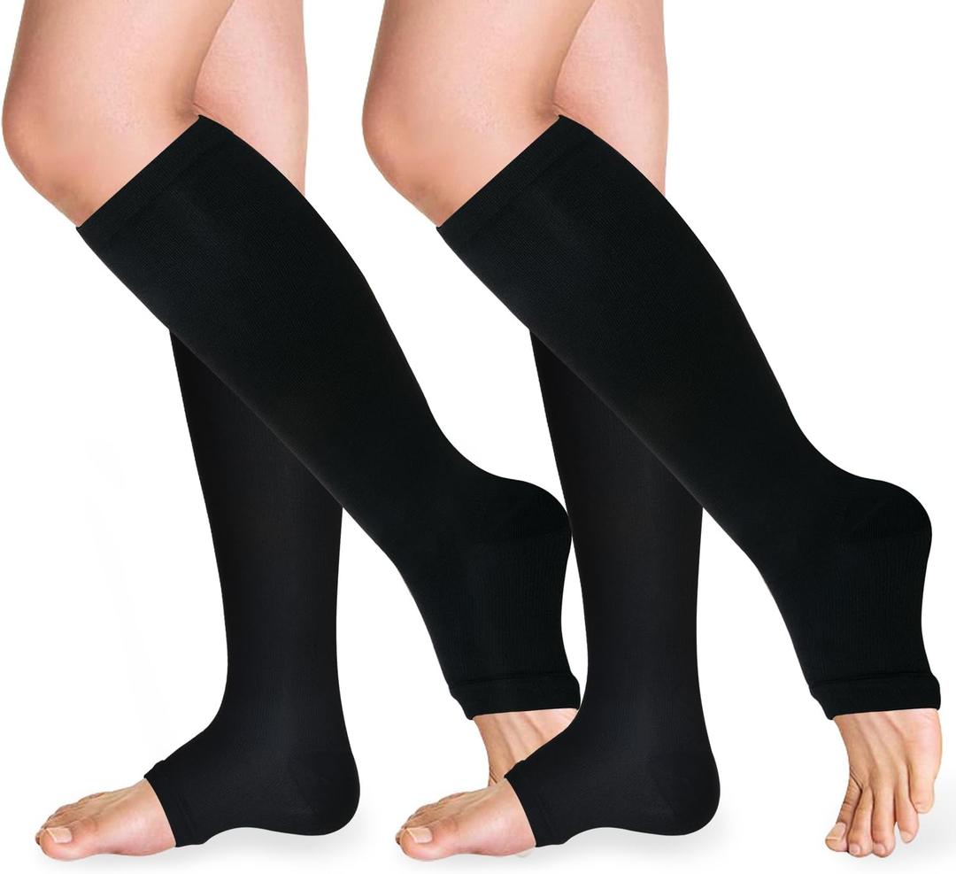 Open Toe Compression Socks 15-20 mmHg for Women and Men Knee High Toeless Circulation Compression Stockings (Small-Medium, Black)