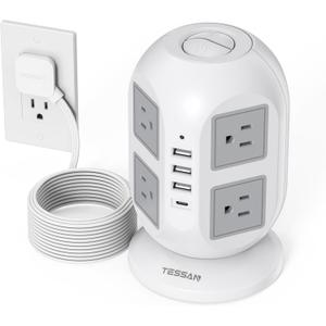 Tower Surge Protector Power Strip 10 ft, TESSAN Long Flat Extension Cord with Multiple Outlets, 8 AC Outlets with 4 USB Ports (1 USB C), Charging Station with Surge Protection, for Home Office Dorm (Grey)