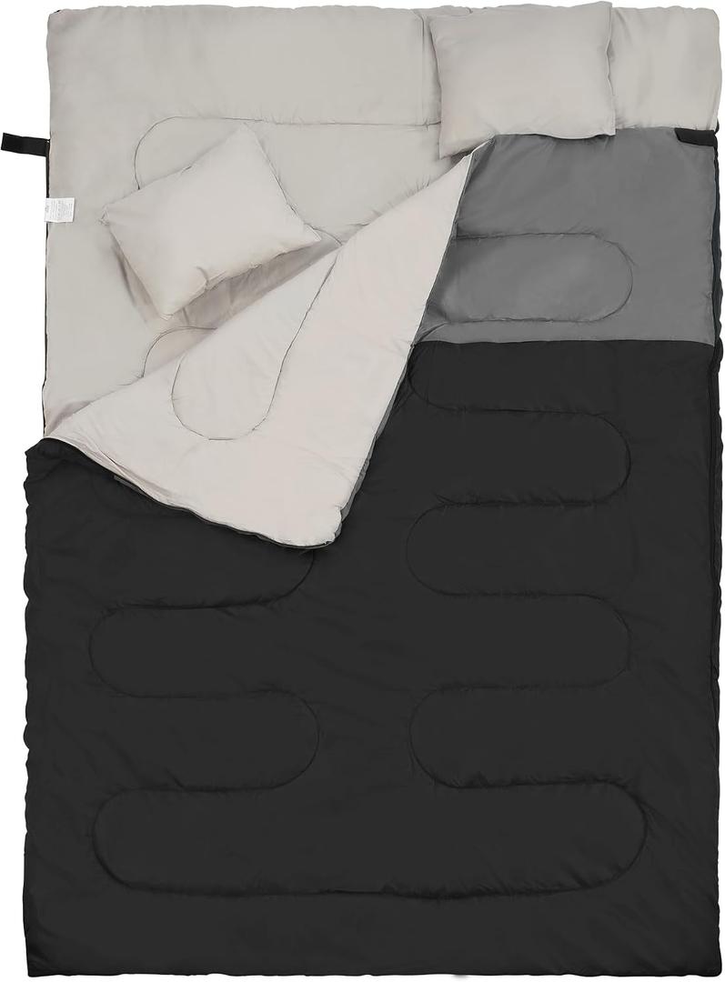 Elevon Double Sleeping Bag with 2 Pillows for Adults, Black