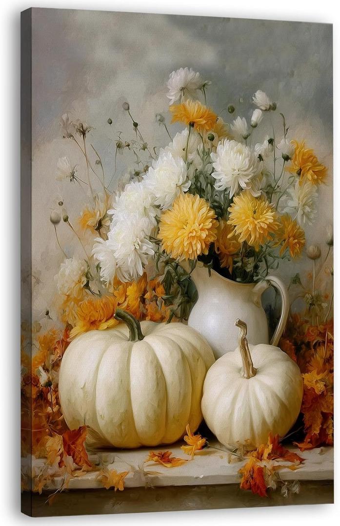 Zeuiwr Fall White Pumpkin Floral Framed Wall Decor, Farmhouse Rustic Cottagecore Autumn Pumpkin Canvas Wall Art, Retro Fall Pictures Prints Artwork for Home Bedroom Living Room Decor, 16x24 Inches