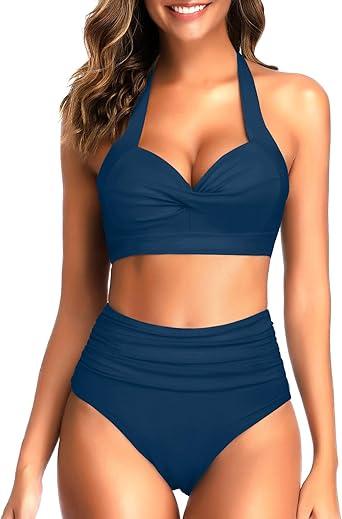 Tempt Me Women Two Piece Swimsuit High Waisted Bikini Halter Vintage Retro Bathing Suit Push up Swimwear, XL, Color: Indigo Blue