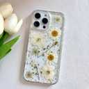 LSEEKA for iPhone 16 Pro Max Clear Case with Pressed Real Flowers Design,Glitter Cute White Floral Pattern Slim Soft TPU Protective Women Girl's Phone Cover for iPhone 16 Pro Max