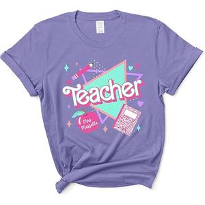Personalized Teacher Shirt - Custom Name Grade Pink 80s 90s Teacher Back to School T-Shirt, (Violet, Large)