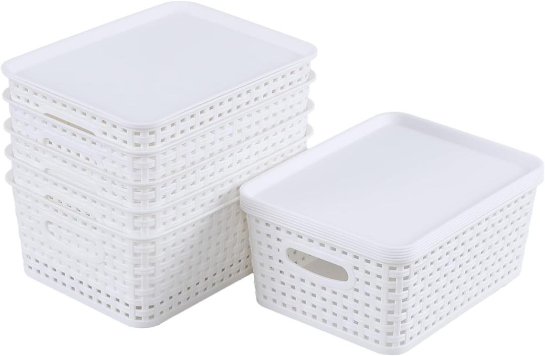 Hespama 6 Packs Lidded Storage Baskets, Plastic Desktop Organizer Baskets, White