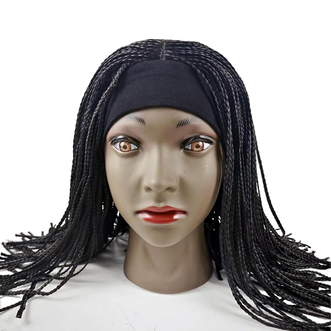 Knotless Braided Wigs for Black Women Heat Resistant Fiber Soft Synthetic Short Bob Box Braided Wig with Bangs African American Braided Wigs (Headband wig, 14 inches)