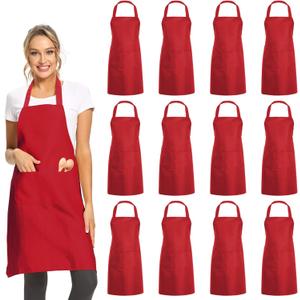 DUSKCOVE 12 Pack Plain Bib Aprons with 2 Pockets - Red Unisex Commercial Apron Bulk for Kitchen Cooking Restaurant BBQ Painting Crafting