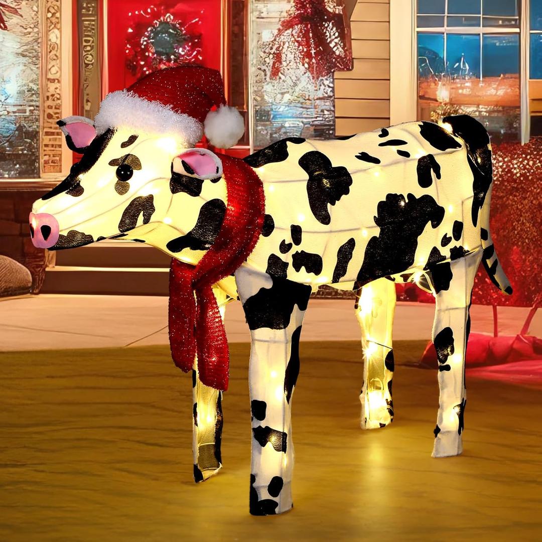 25.6'' Lighted Christmas Farm Animal Outdoor Decorations, 3D Light up Cow Christmas with 130 LED Lights, Metal Prelit Animal Yard Display for Xmas Farmhouse Garden Lawn Decor