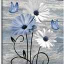 MYUSRE Farmhouse Blue Floral Canvas Wall Art Rustic Wood Daisy Butterfly Framed Wall Art Country Flower Pictures for Living Room Bedroom Bathroom Office Decor Ready to Hang, 16L X 12W Inch