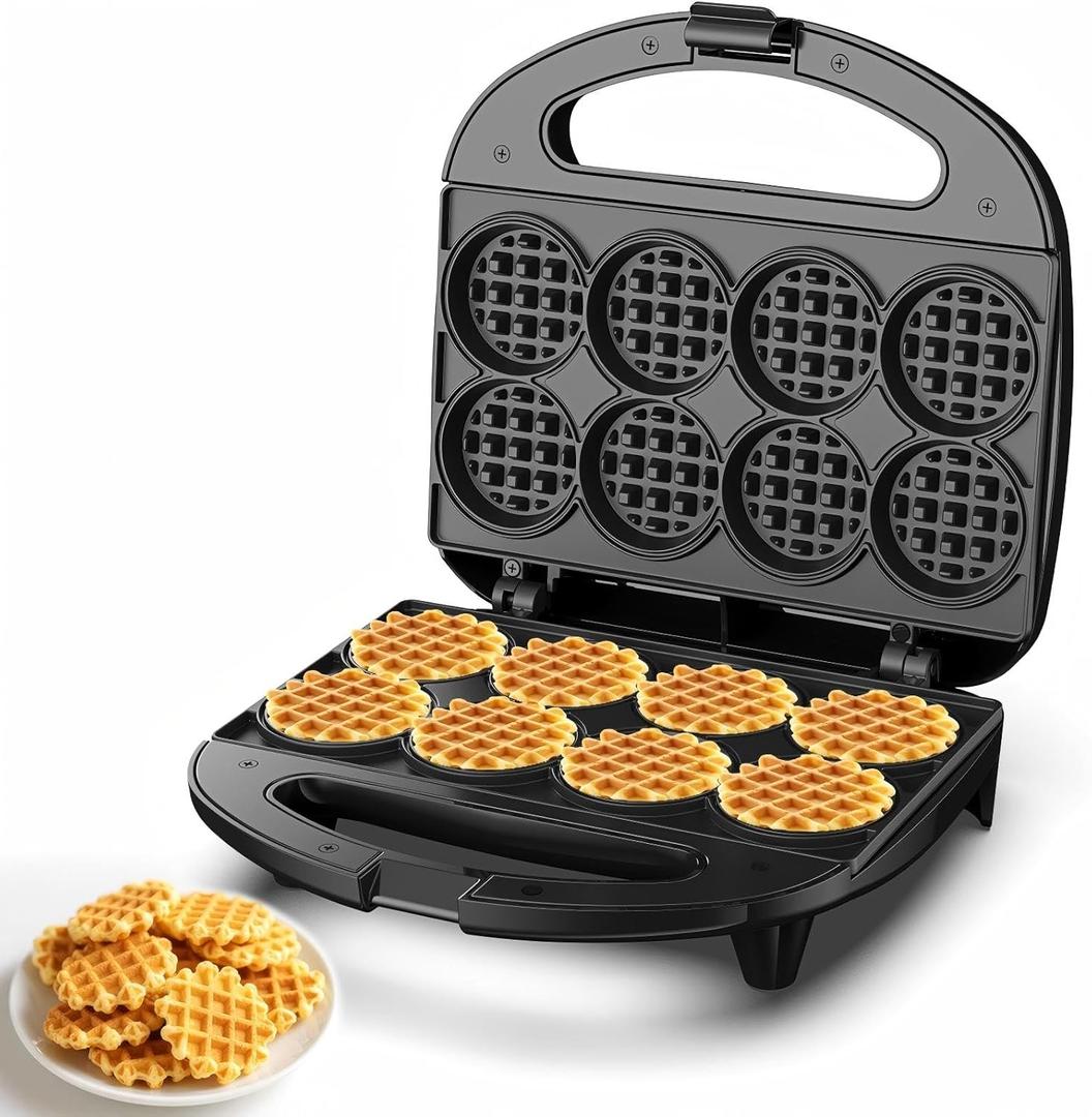 Mini Waffle Maker, Small Waffle Iron with Quick Heat-Up, Makes 8 x 2 Tiny Waffle Bites for Kids, Locking Buckle & Cool Touch Handle, Nonstick Plates, Perfect for Breakfast, Brunch, Desserts & Snacks (Black)