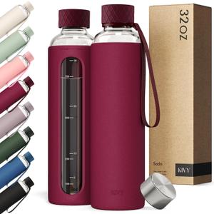 KIVY Glass Water Bottle with Silicone Sleeve 32 oz [WITH MEASUREMENT] - Borosilicate Glass Water Bottle Screw Top - Clear Bottles with Measurement Marking - Slim Waterbottle Aesthetic - Dark Ruby