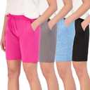 Real Essentials 4 Pack: Women's Dry-Fit Athletic 7" Bermuda Long High Waisted Running Shorts (Medium)