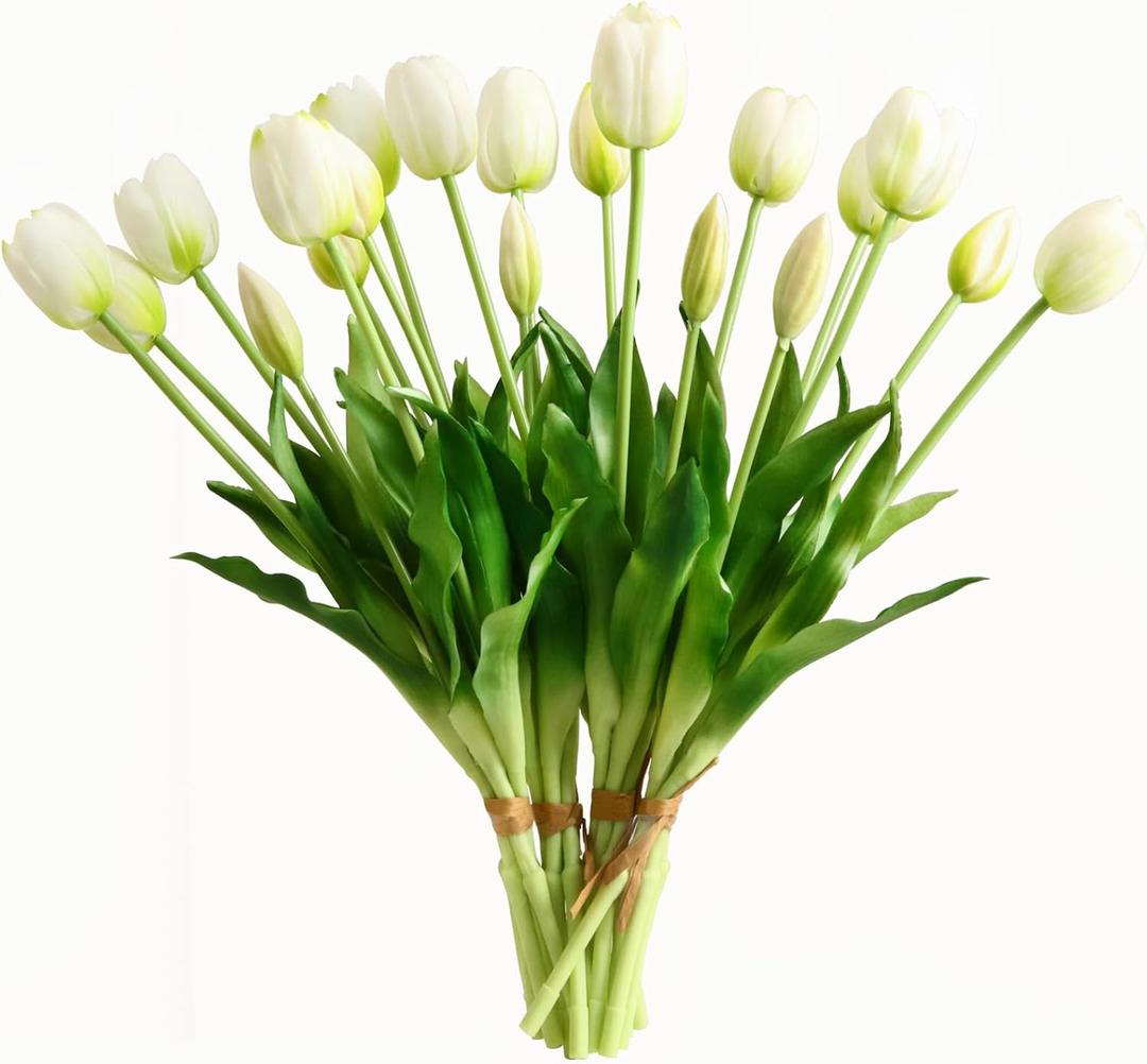 Artificial Flowers 20pcs Fake Tulips Real Touch, Faux Latex Tulips Flowers with Gift Box Soft Faux Tulips Bouquets Arrangements for Party Wedding Home Room Decoration(White)