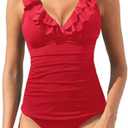 Womens Two Piece Swimsuits - Ruffle Flounce Tankini Tummy Control Bathing Suits V Neck Swimwear, L