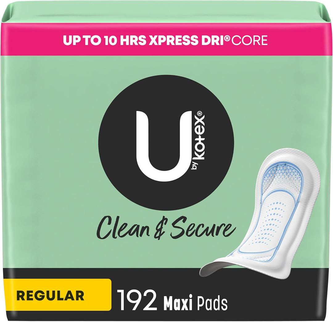 U by Kotex Clean & Secure Maxi Pads, Regular Absorbency, 192 Count (4 Packs of 48) 