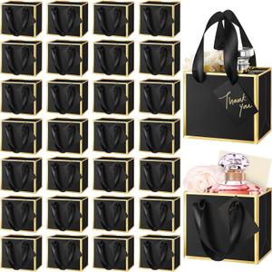 Yeaqee 50 Pcs Mini Metallic Foil Gift Bags with Handles 4x4.75x2.25'' Tiny Thank You Favor Bag Bulk with Tag for Fall Thanksgiving Halloween Wedding Baby Shower Birthday Party (Black, Gold)