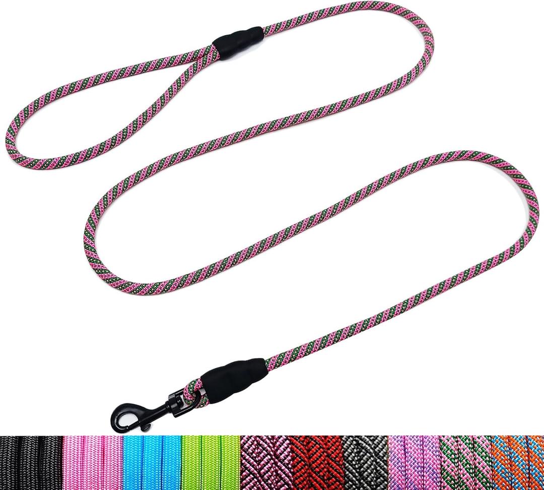 WYuZe 5ft Puppy Leash for Small Dogs, 1/4" Thin Rope Dog Leash with Easy to Use Hook, Lightweight Cat Leashes for Daily Walk Training, 10 Colors, Pink Green