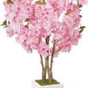 No-Splice Trunk Artificial Cherry Blossom Tree 5FT, Realistic Fake Tree Indoor Plants for Spring, Faux Cherry Tree with Tall White Planter for Living Room Bedroom Office Entryway Home Decor