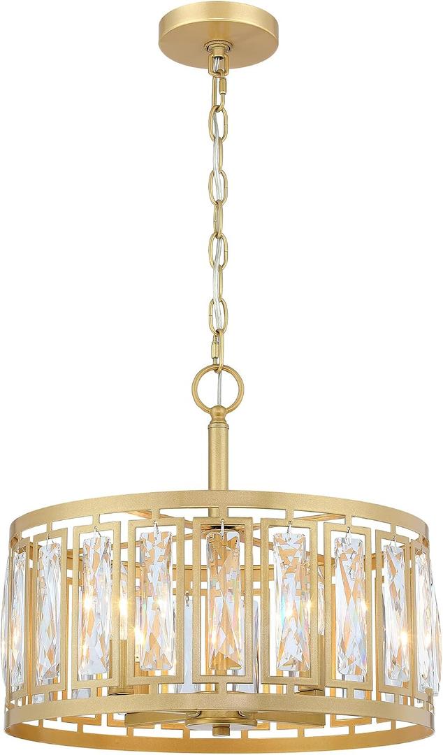 Gold Crystal Chandelier, 4-Light Semi Flush Mount Chandelier Crystal Entry Way Light Fixture Gold Dining Room Light Fixtures Adjustable Height Hanging Pendant Light for Bedroom Living Room, 15.75" x 14"