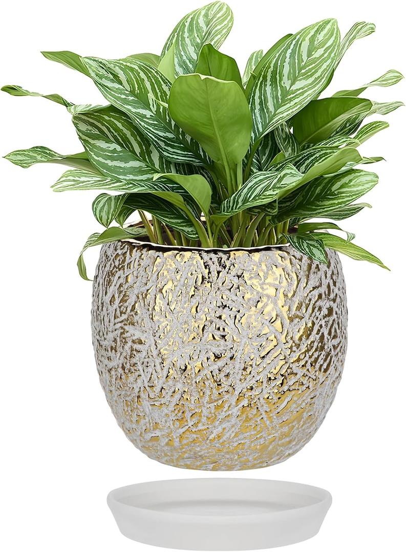Ceramic Plant Pots for Plants Indoor 5.3 Inch Round Gold and White Flower Pot Gilded Decorative Planter with Drainage Hole and Saucer Modern Ceramic Pot for Succulents Orchids Cactus Herbs Home Decor