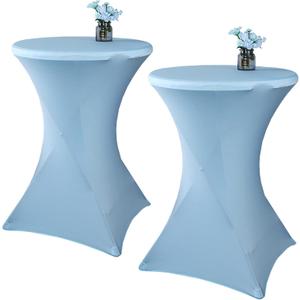 2 Pack 24x43 Inch Light Blue Cocktail Tablecloth Spandex Round Fitted Table Cover for Wedding Banquet Event Party