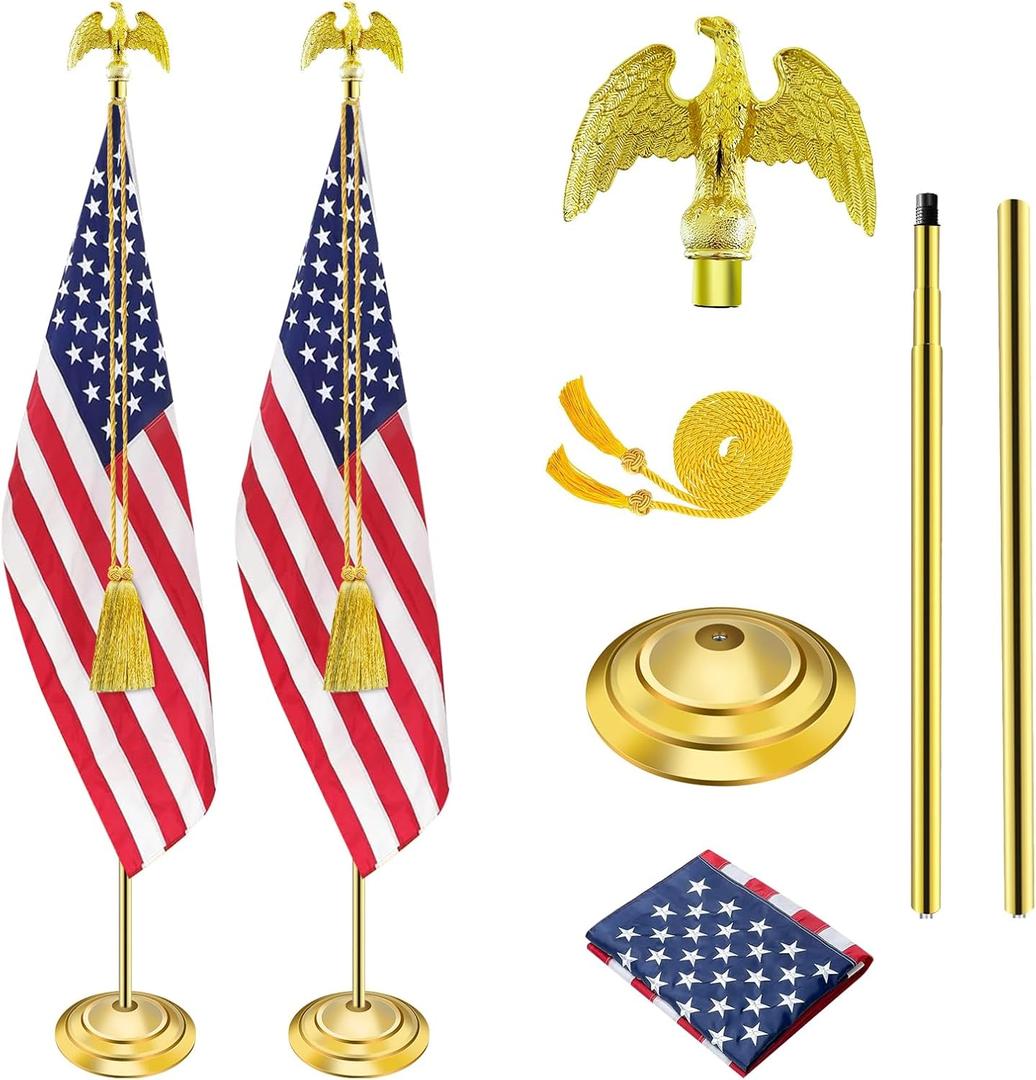 SENZHIYI Indoor Flag Pole Kit with Golden Eagle Topper - 6-8ft Stainless Steel Commercial Indoor Flagpole with Embroidered US Flag, Heavy Base for Home Office Government Department，Golden 2Packs
