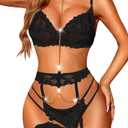 RSLOVE Women's Lingerie Sets with Garter Belt 3 Piece Sexy Lace High Waist Bra and Panty Set Push Up Exotic Sleepwear M