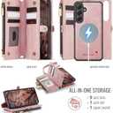 Defencase for Galaxy S25 Magnetic Wallet Case Compatible with Magsafe with RFID Blocking Zipper & Card Holder for Women Men, PU Leather Detachable Phone Case for Samsung Galaxy S25 6.2 inch, Rose Pink