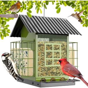 Bird Feeders for Outdoors Hanging, Metal Bird Feeder with Double Suet Cage Cake, Large Capacity, Birdfeeders Sturdy & Weatherproof, Easy to Clean & Refill, Great for Attracting Wild Birds (Green)