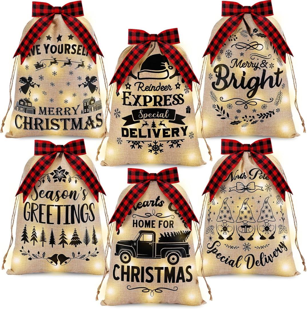 6 Pcs Christmas Lighted Burlap Sacks with Drawstring 15.7 x 11.8 Inches Merry Christmas Lighted Gift Decorative Burlap Bags Xmas Treat Bags with Ribbon for Holiday Party Decorations